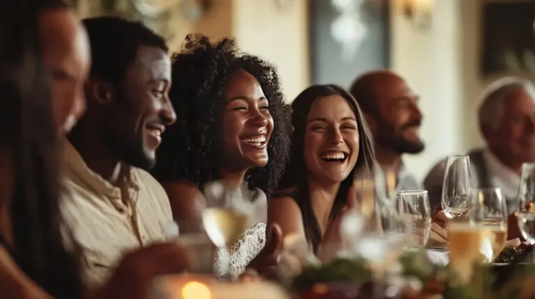 Events a wedding rehearsal dinner with family members laughing and sharing stories