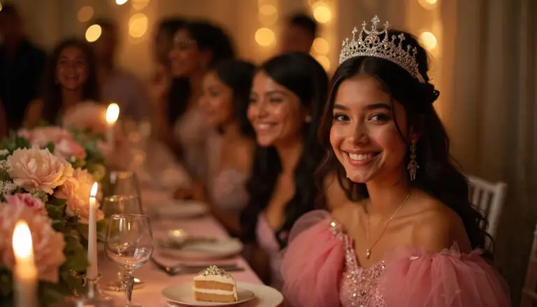 Events young woman smiles in tiara and pink dress at elegant quinceanera party table. friends celebrate special coming of age event with cake, candles, and flowers.
