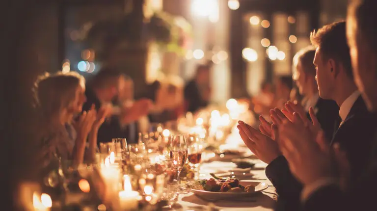 Events guests applauding at an elegant dinner party, celebrating a special event with ambient candlelight and warm atmosphere